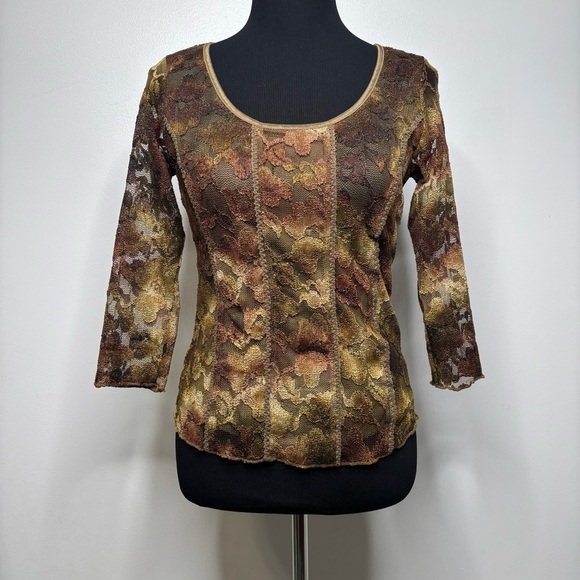 Cato Tops - Cato Sheer Floral Lace Mesh Top Women’s S Brown Green Gold Lined Body Fairy Y2K